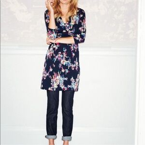 WOMENS FLATTERING NAVY BLUE FLORAL‎ 3/4 SLEEVE TUNIC MINI STRETCH DRESS V-NECK